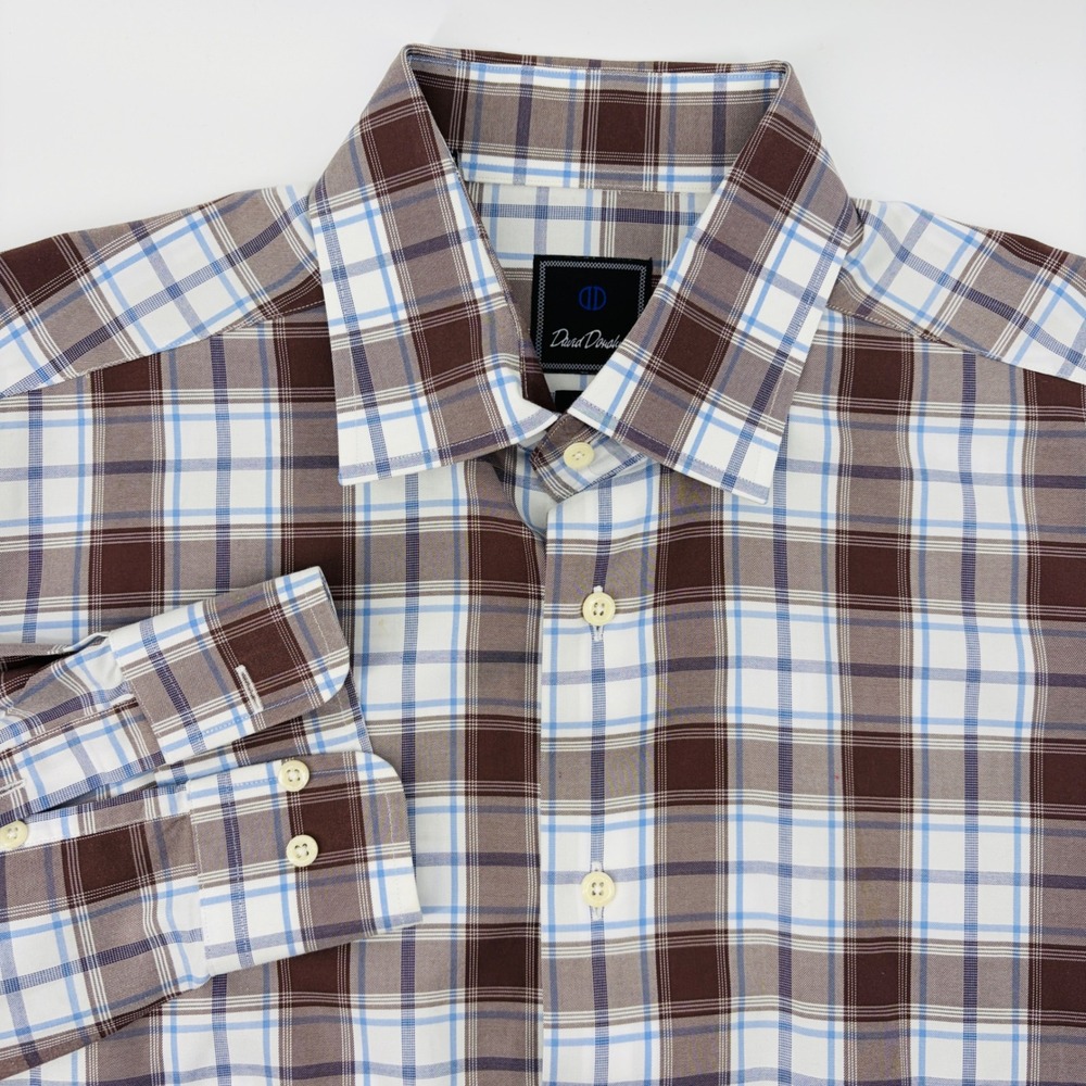 David Donahue Mens 16.5 36/37 Trim Fit Plaid Dress Shirt Brown Blue Cotton